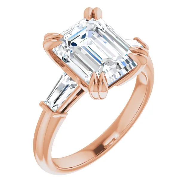 Cubic Zirconia Engagement Ring- The Betyhelena (Customizable 3-stone Emerald Cut Design with Tapered Baguettes)