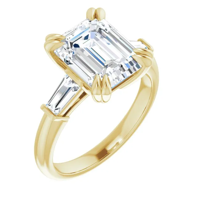 Cubic Zirconia Engagement Ring- The Betyhelena (Customizable 3-stone Emerald Cut Design with Tapered Baguettes)