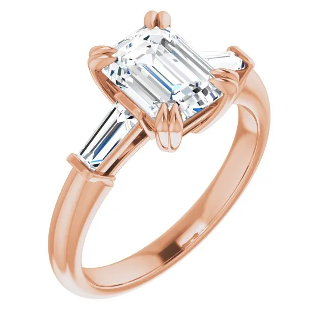 Cubic Zirconia Engagement Ring- The Betyhelena (Customizable 3-stone Emerald Cut Design with Tapered Baguettes)