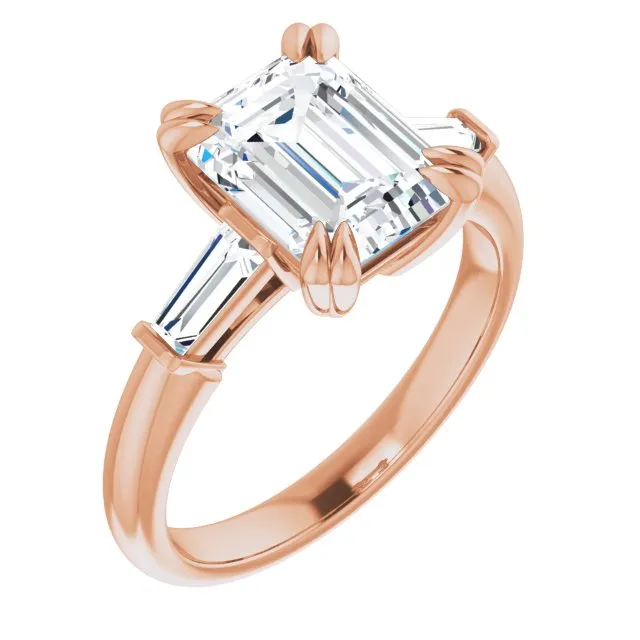 Cubic Zirconia Engagement Ring- The Betyhelena (Customizable 3-stone Emerald Cut Design with Tapered Baguettes)