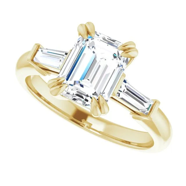 Cubic Zirconia Engagement Ring- The Betyhelena (Customizable 3-stone Emerald Cut Design with Tapered Baguettes)