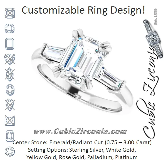 Cubic Zirconia Engagement Ring- The Betyhelena (Customizable 3-stone Emerald Cut Design with Tapered Baguettes)