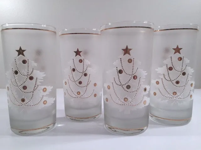 Culver- Signed White Christmas Tree & 22-Karat Gold Mid-Century Glasses with Original Box (Set of 4)