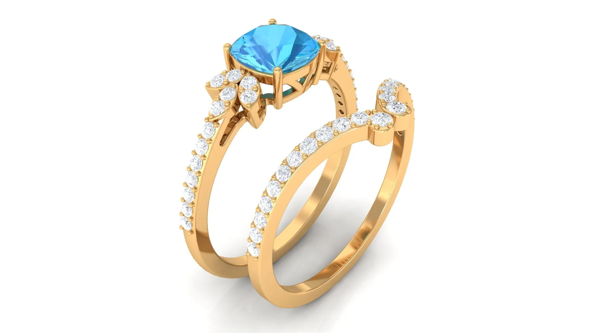 Cushion Cut Swiss Blue Topaz Ring Set with Diamond