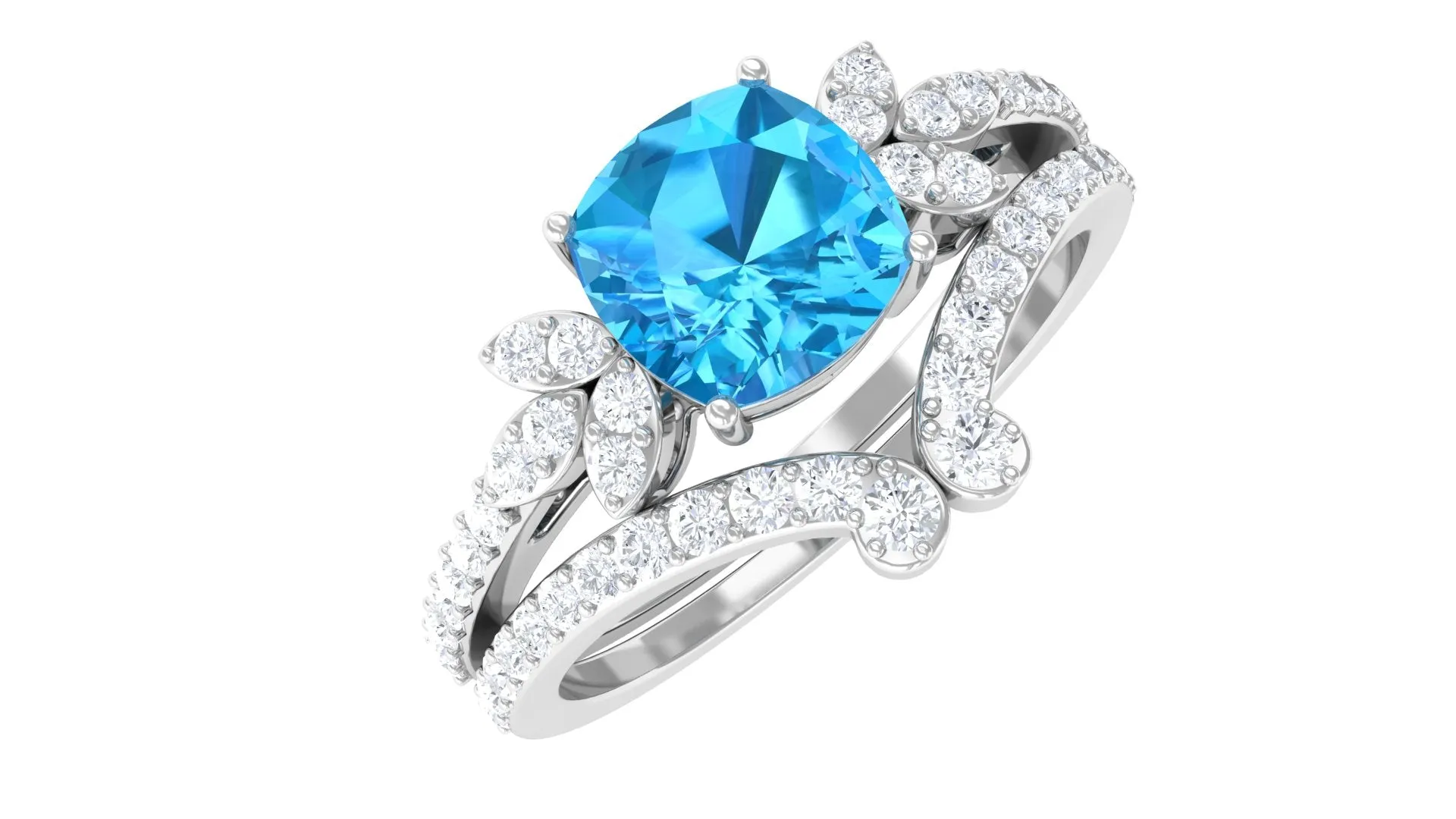 Cushion Cut Swiss Blue Topaz Ring Set with Diamond