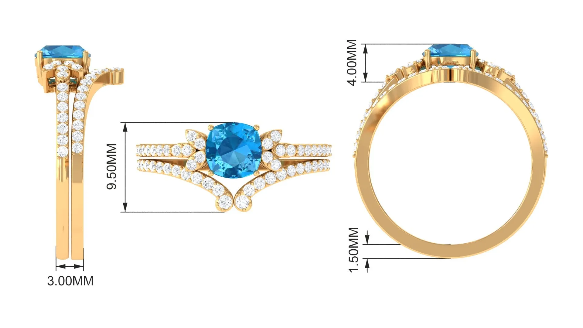 Cushion Cut Swiss Blue Topaz Ring Set with Diamond