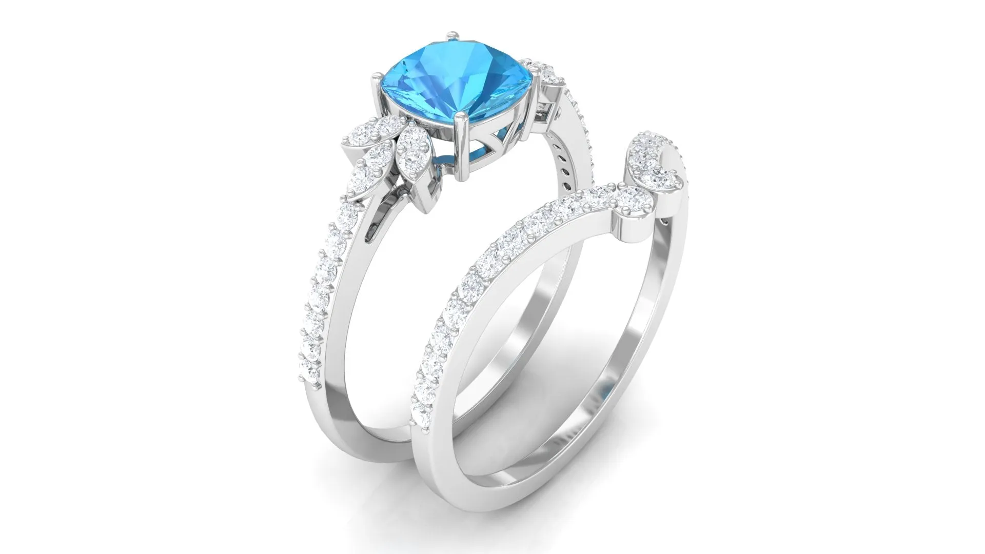 Cushion Cut Swiss Blue Topaz Ring Set with Diamond