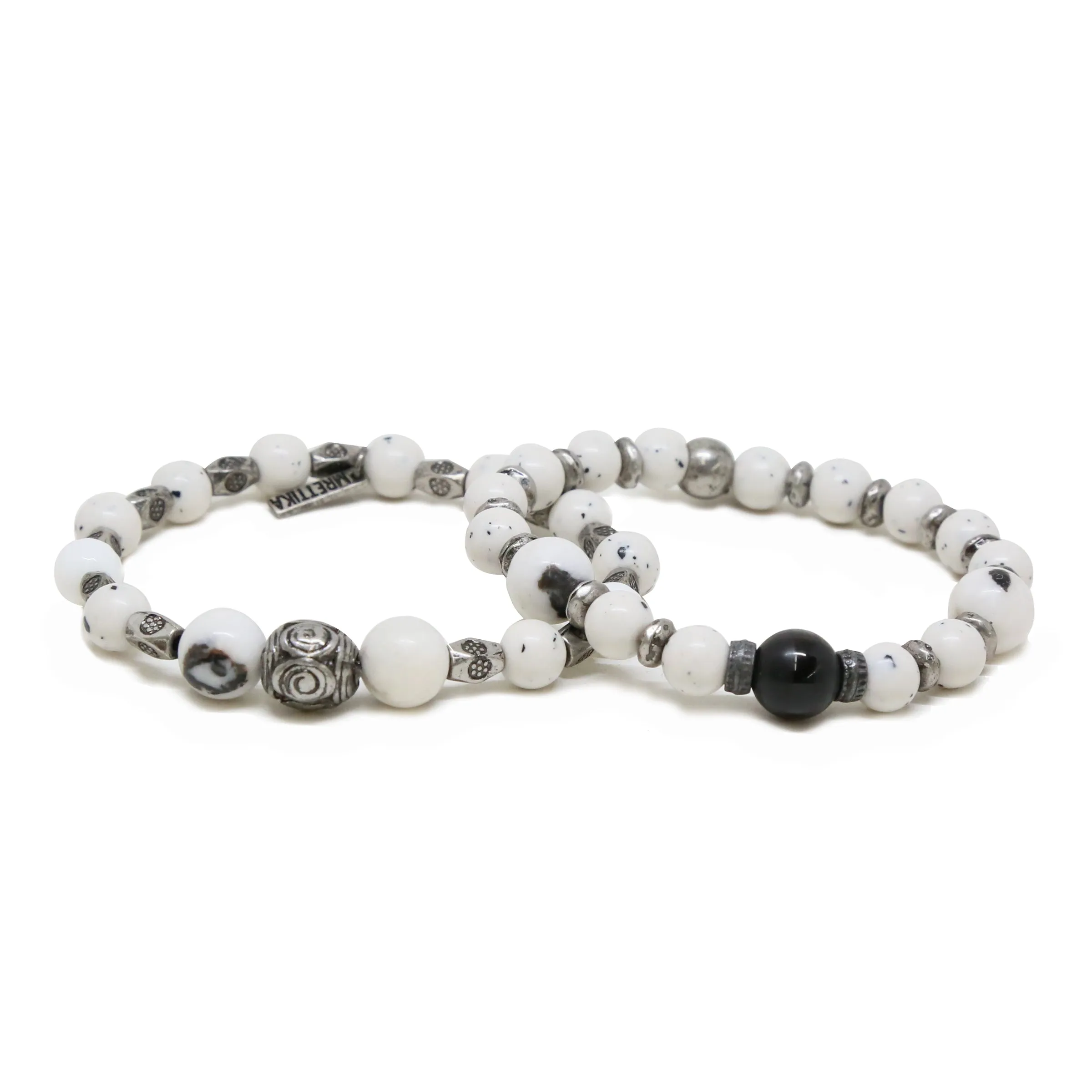 Dalmatian Jade Beaded Bracelet Set in Silver Ox