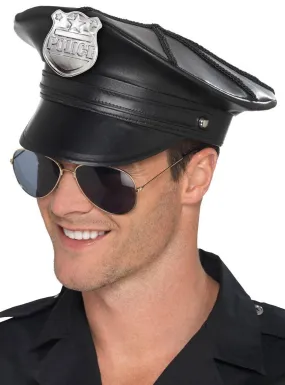 Deluxe Black Leather Look Mens Police Costume Hat