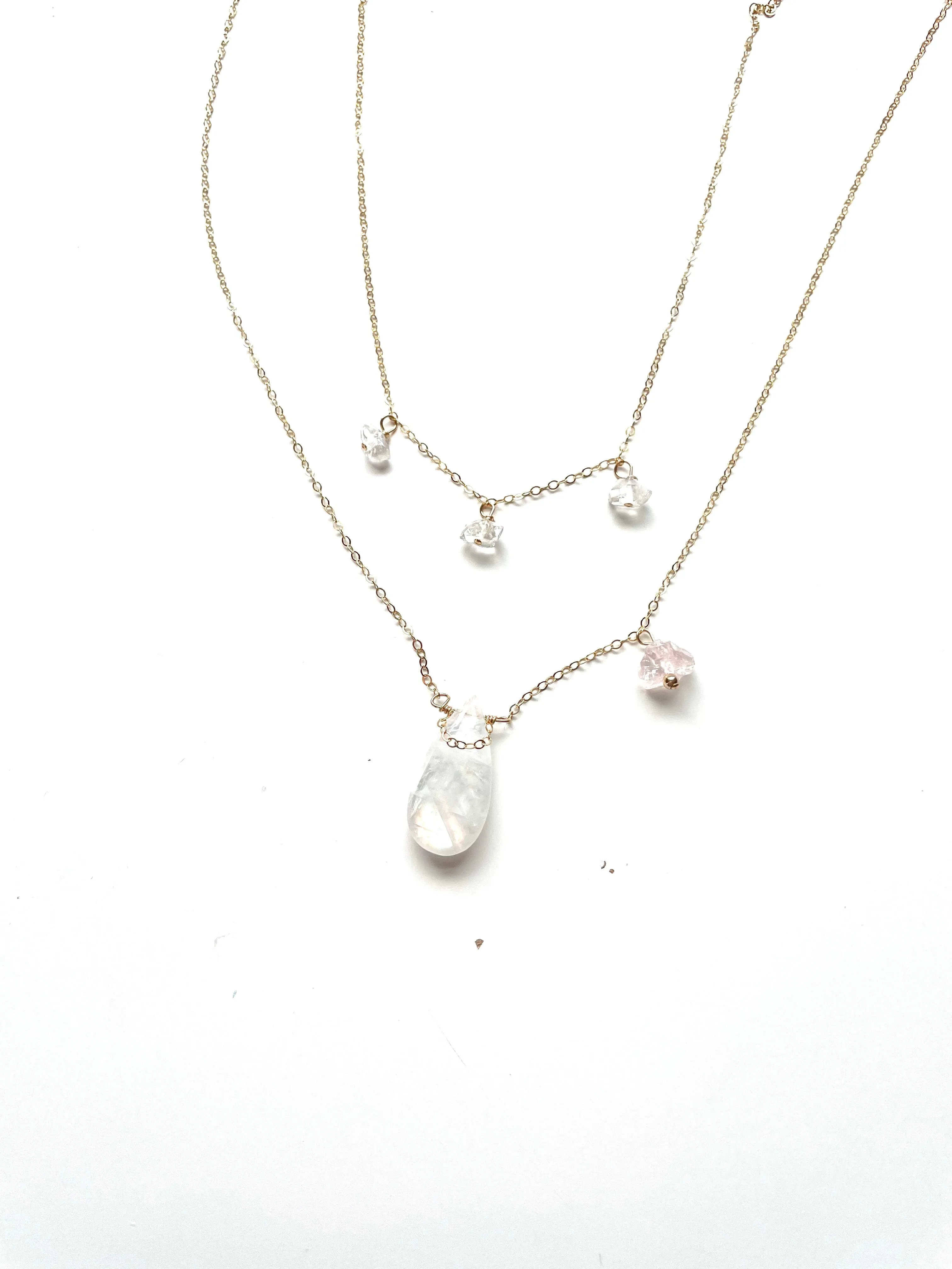 Devine Feminine Jewelry Set Rainbow Moonstone Rose Quartz and Herkimer Diamonds