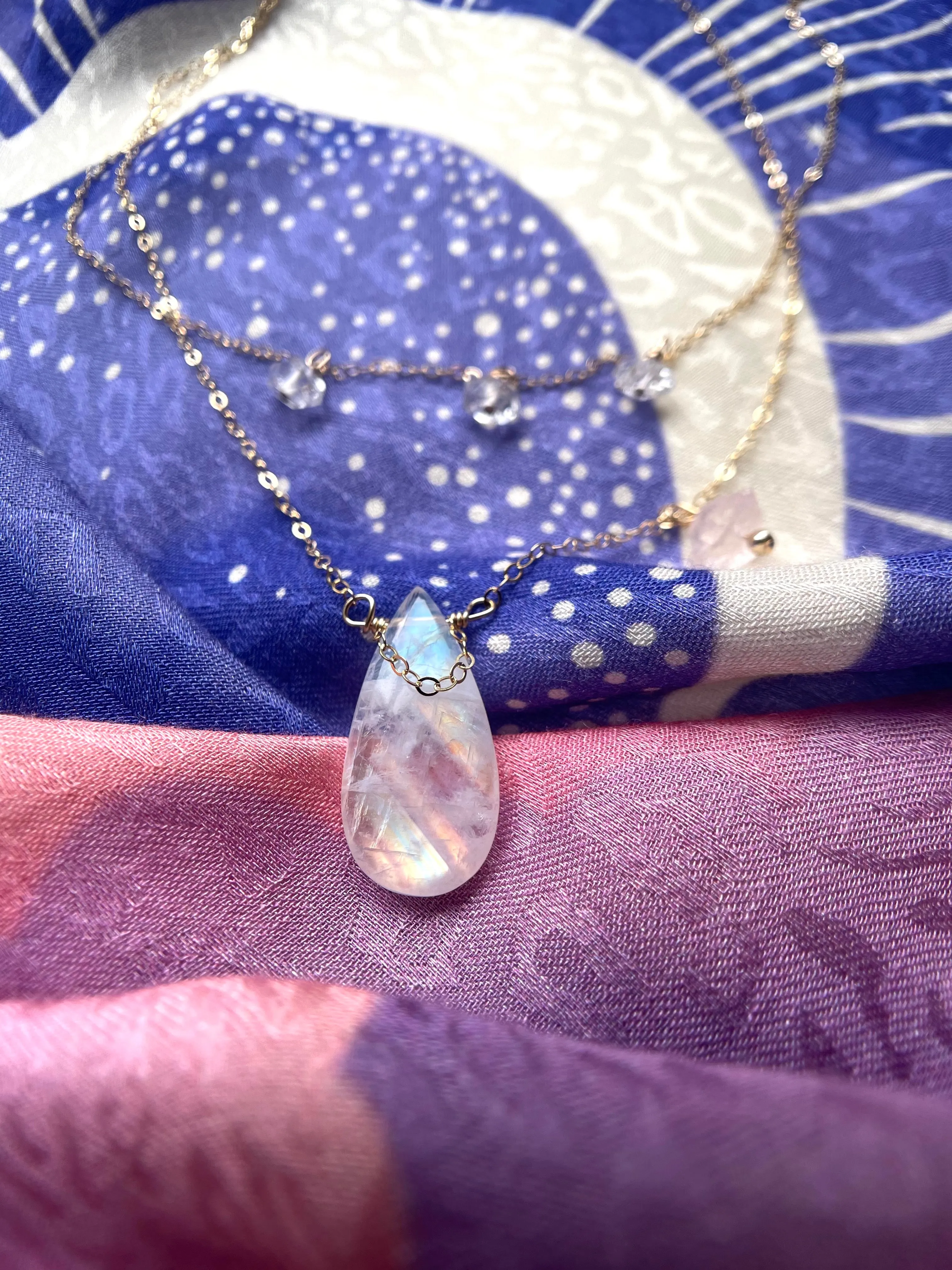 Devine Feminine Jewelry Set Rainbow Moonstone Rose Quartz and Herkimer Diamonds