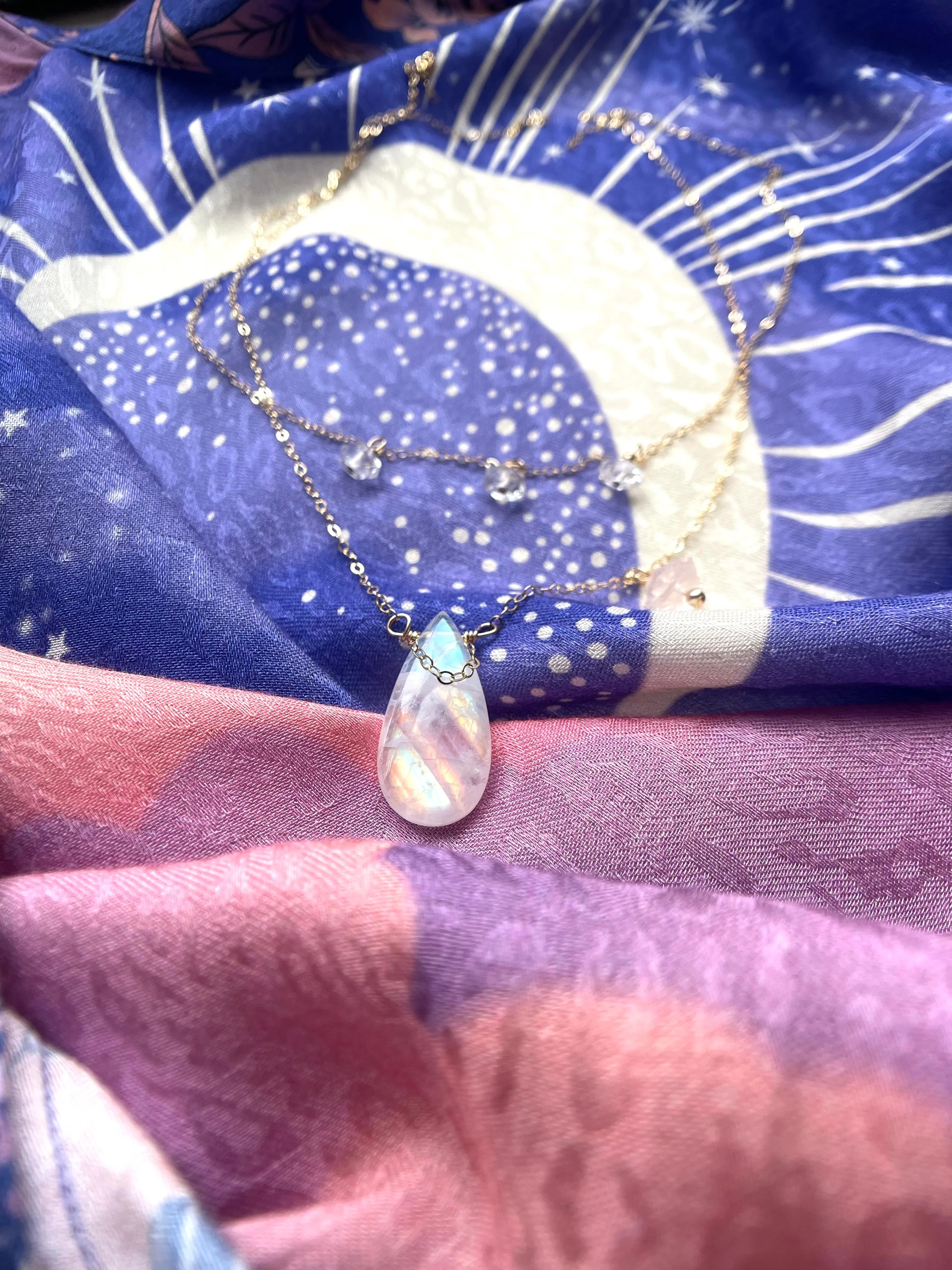 Devine Feminine Jewelry Set Rainbow Moonstone Rose Quartz and Herkimer Diamonds