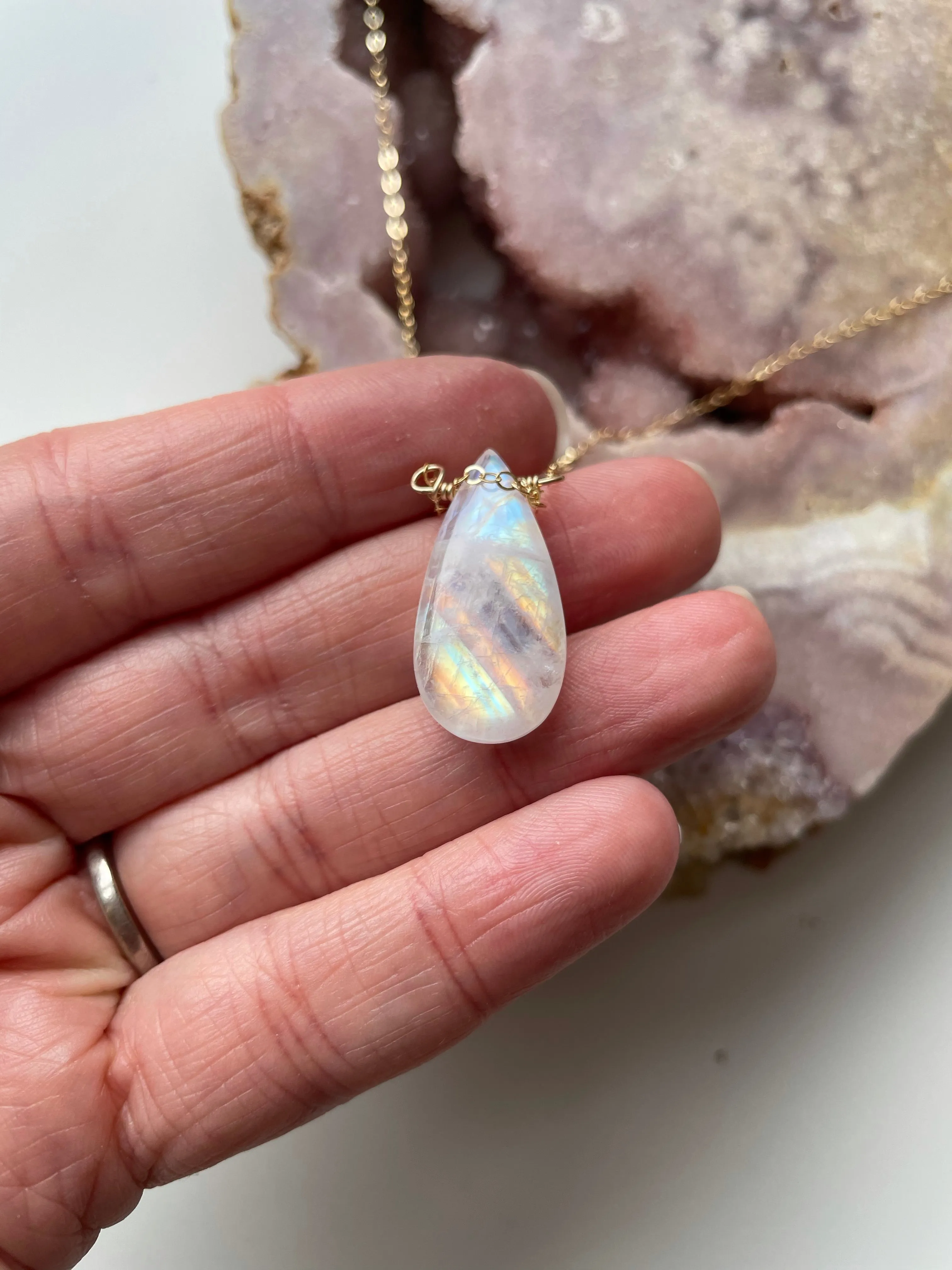 Devine Feminine  Rainbow Moonstone and Rose Quartz Necklace