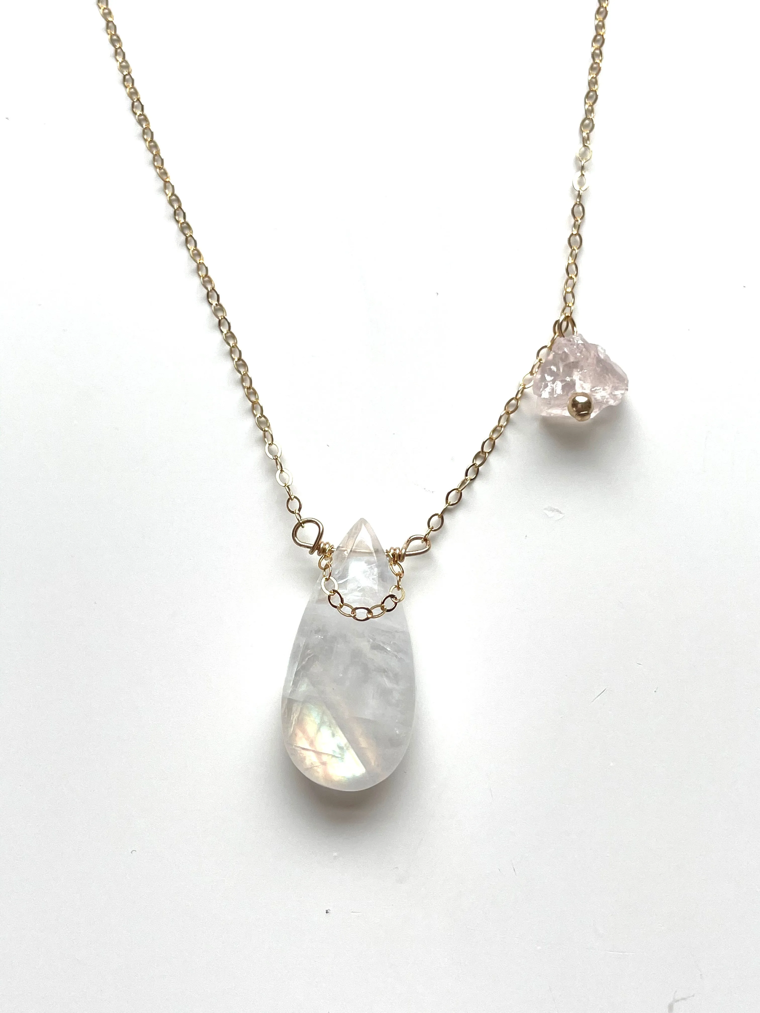 Devine Feminine  Rainbow Moonstone and Rose Quartz Necklace