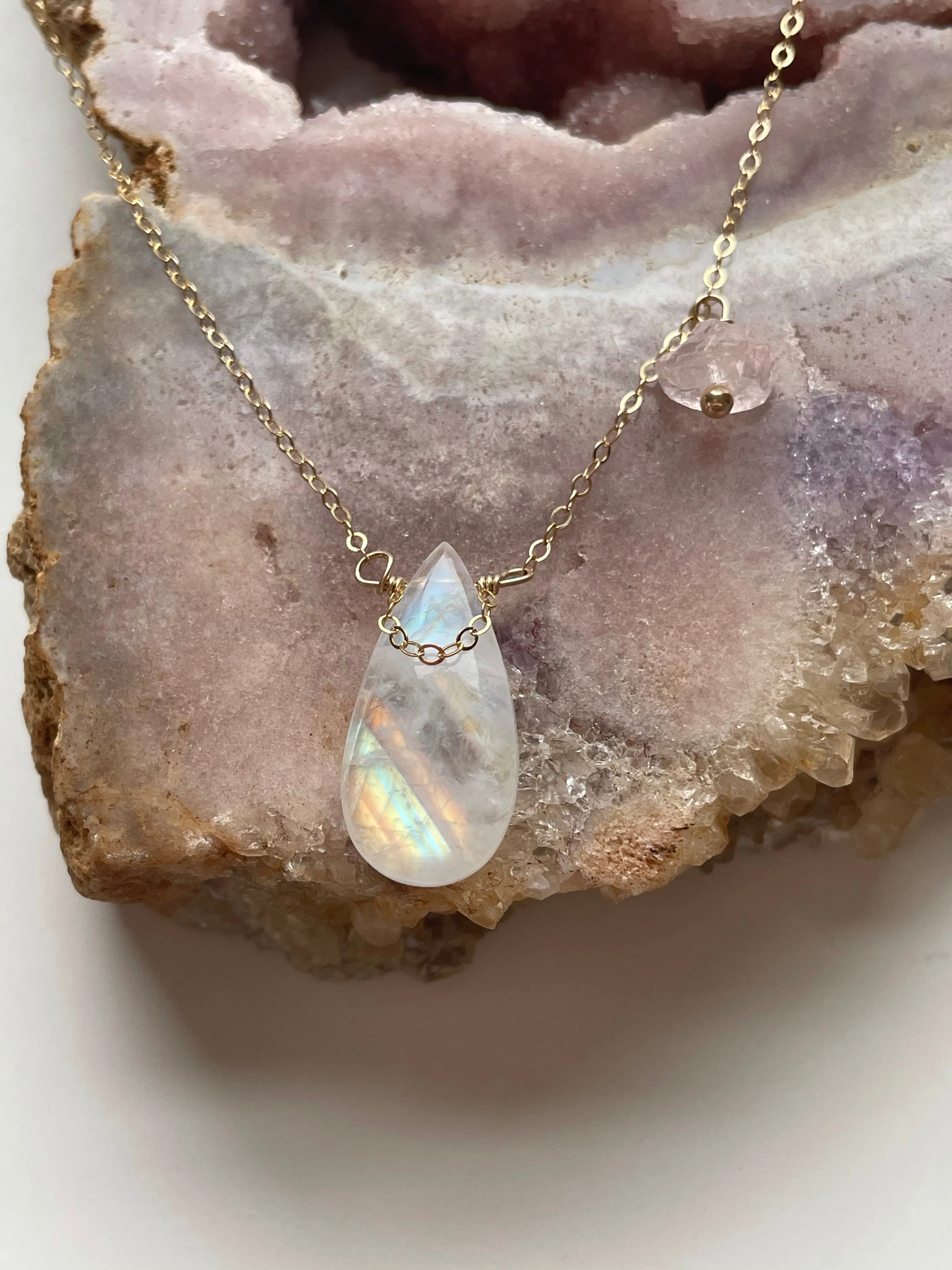 Devine Feminine  Rainbow Moonstone and Rose Quartz Necklace