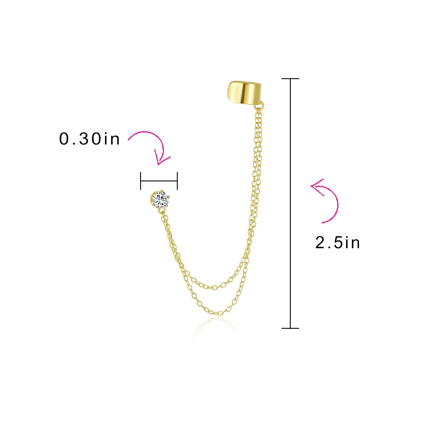 Double Chain CZ Band Ear Cuffs Stud Earring Gold .925 Sterling Silver