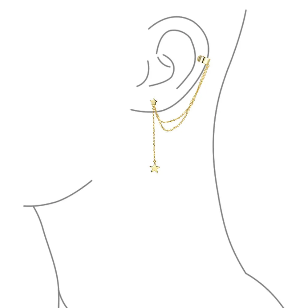 Double Chain CZ Band Ear Cuffs Stud Earring Gold .925 Sterling Silver