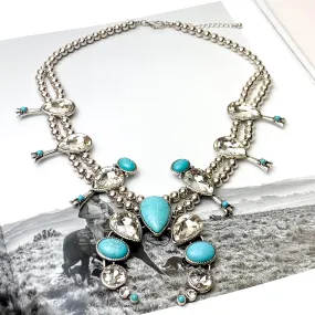 Double Strand Beaded Squash Blossom Necklace and Naja Pendant with Faux Turquoise Stones and Clear Crystals