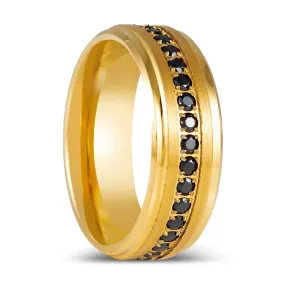 EBONYGLITZ | Yellow Gold Ring, Black CZ Ring, Stepped Edge