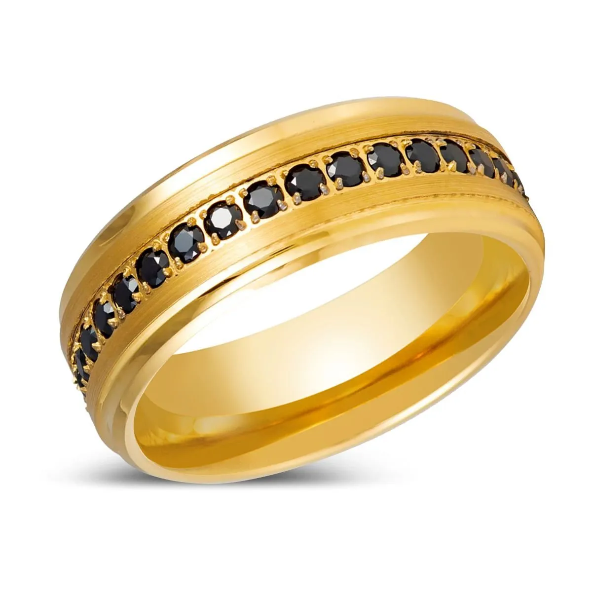 EBONYGLITZ | Yellow Gold Ring, Black CZ Ring, Stepped Edge