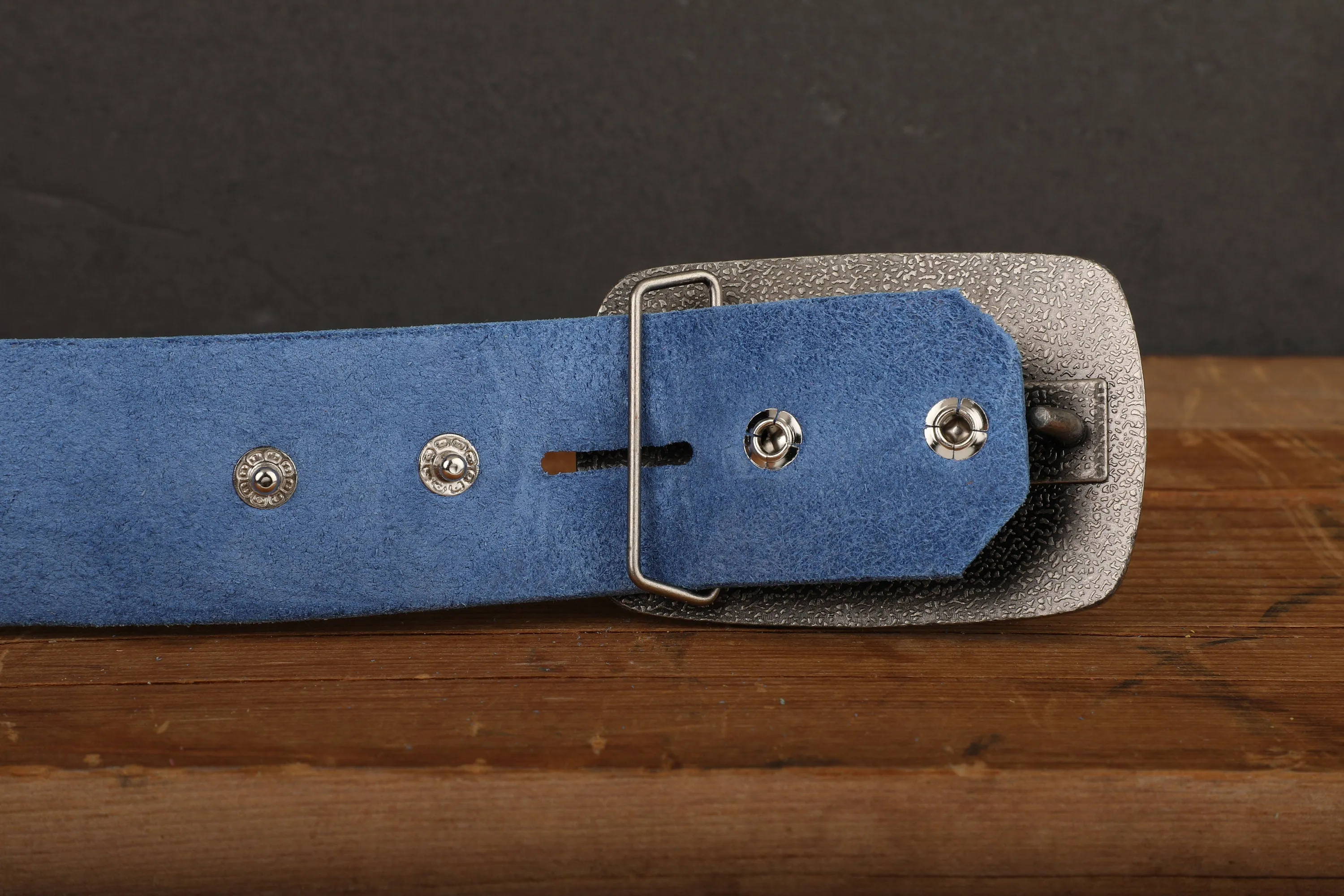 Electric Blue Wide Leather Snap Belt with Silver Tone Antique Nickel Belt Buckle