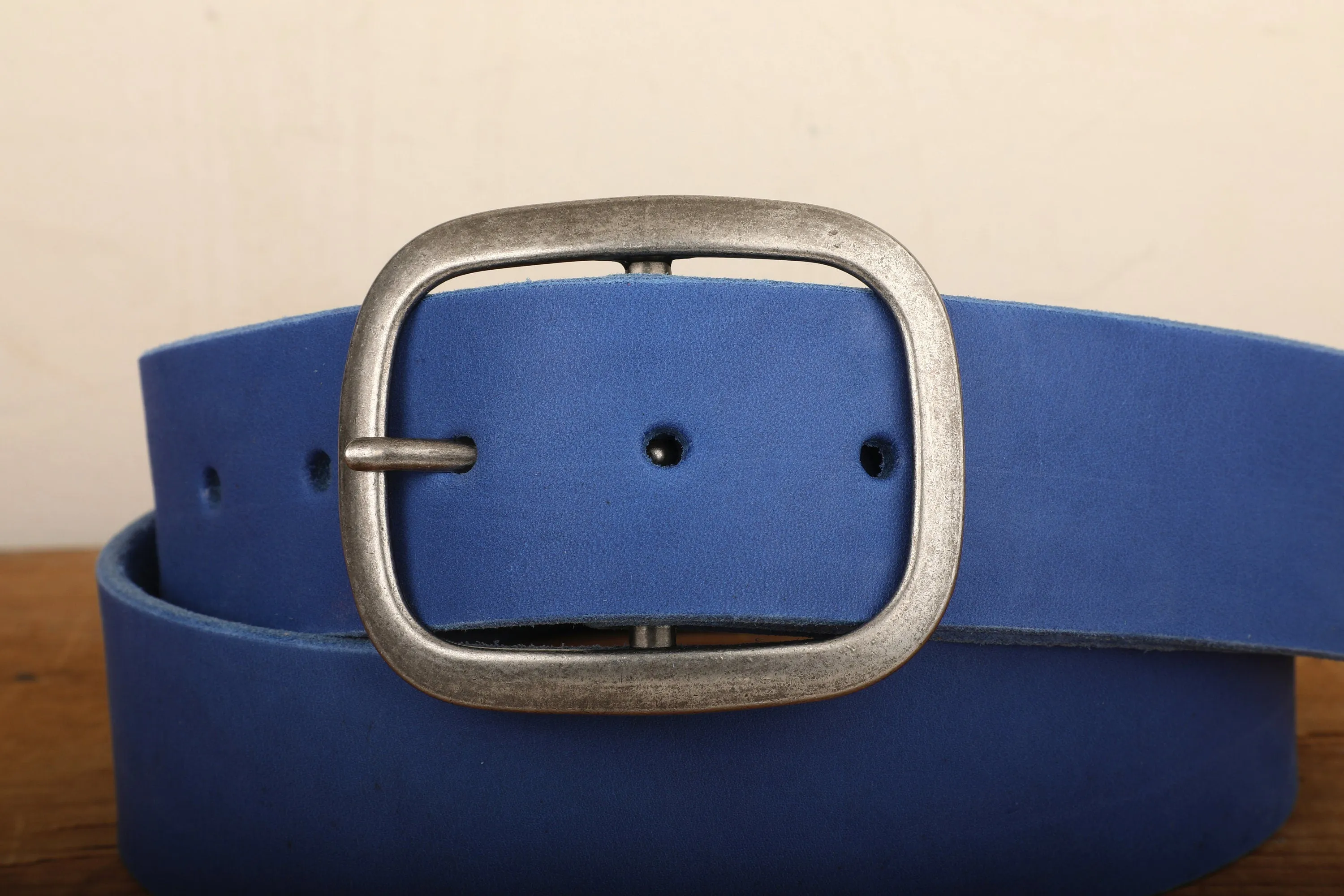 Electric Blue Wide Leather Snap Belt with Silver Tone Antique Nickel Belt Buckle