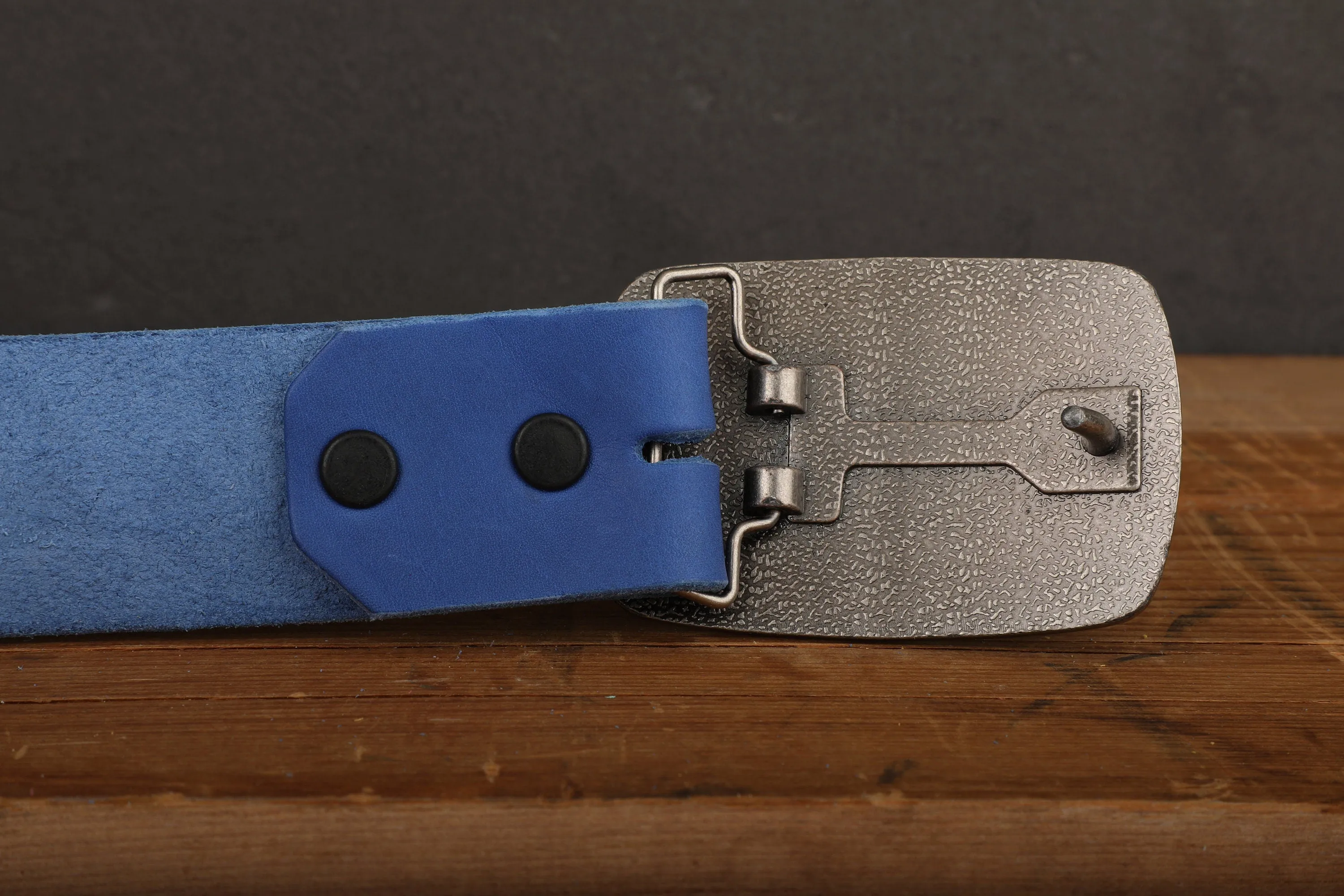 Electric Blue Wide Leather Snap Belt with Silver Tone Antique Nickel Belt Buckle