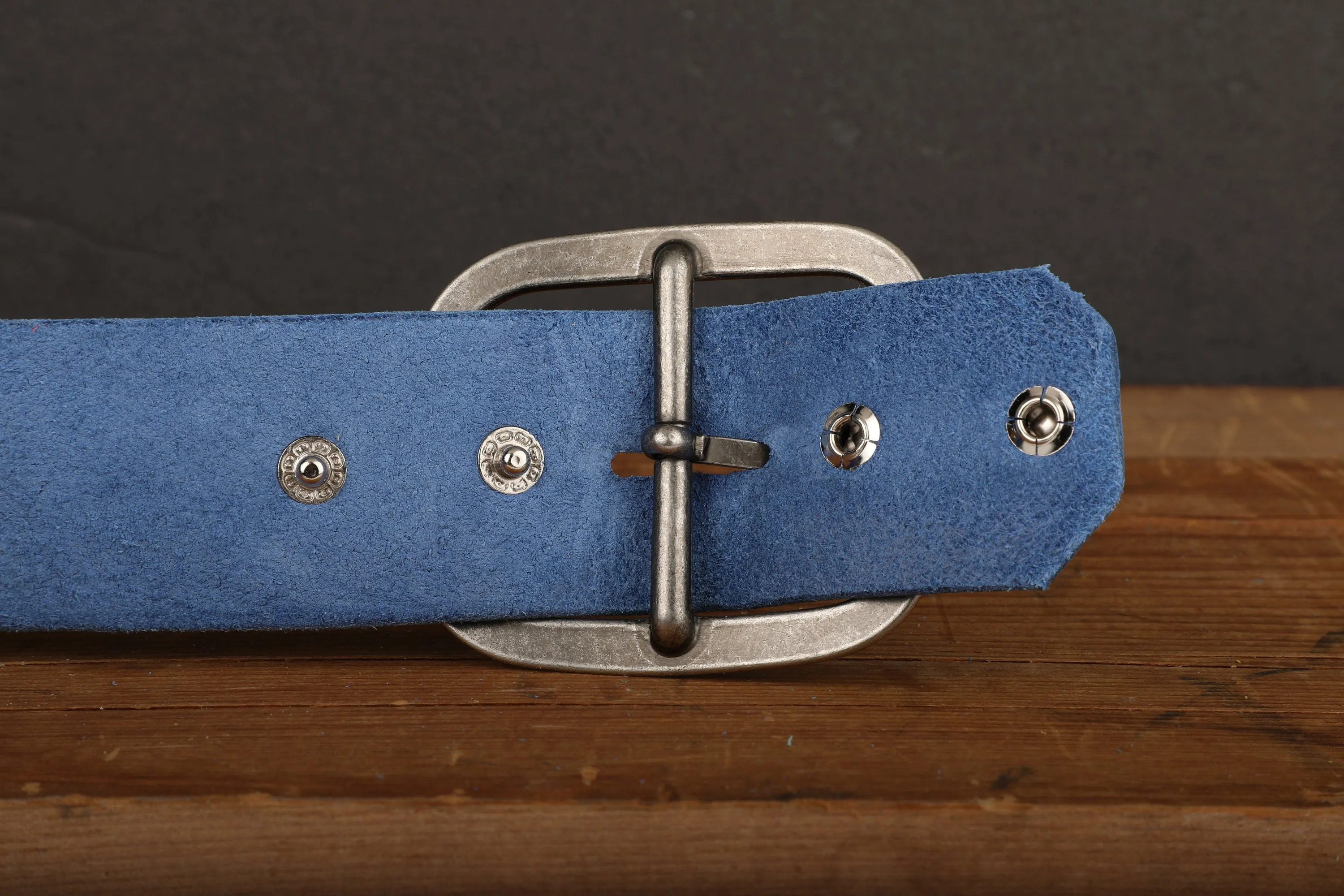 Electric Blue Wide Leather Snap Belt with Silver Tone Antique Nickel Belt Buckle