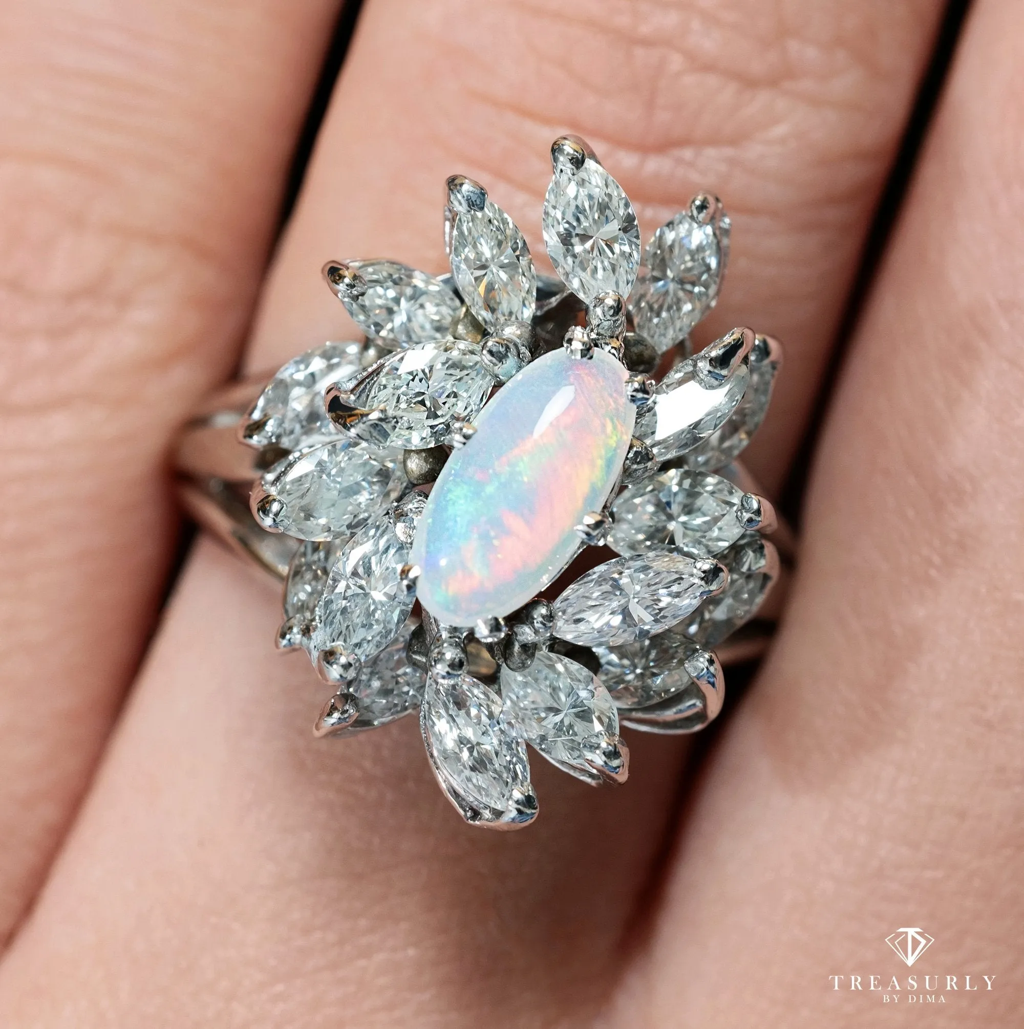 Estate Vintage 3.47ct Australian Opal and Diamond Cluster Cocktail Ballerina Platinum Ring