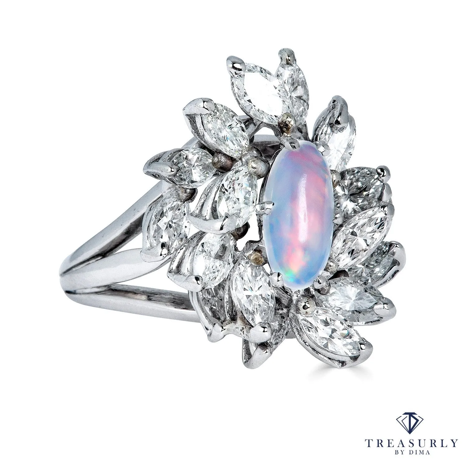 Estate Vintage 3.47ct Australian Opal and Diamond Cluster Cocktail Ballerina Platinum Ring