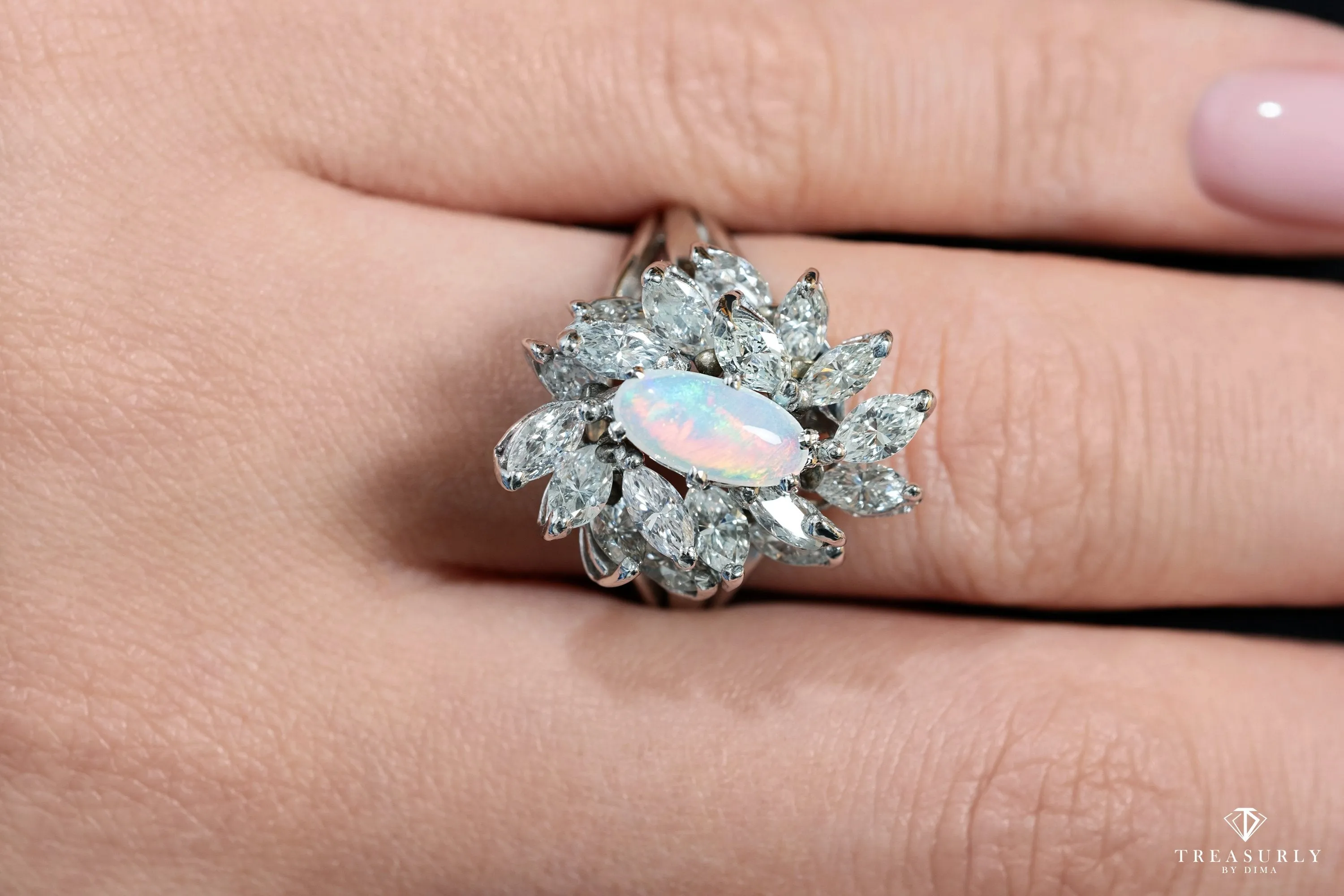 Estate Vintage 3.47ct Australian Opal and Diamond Cluster Cocktail Ballerina Platinum Ring