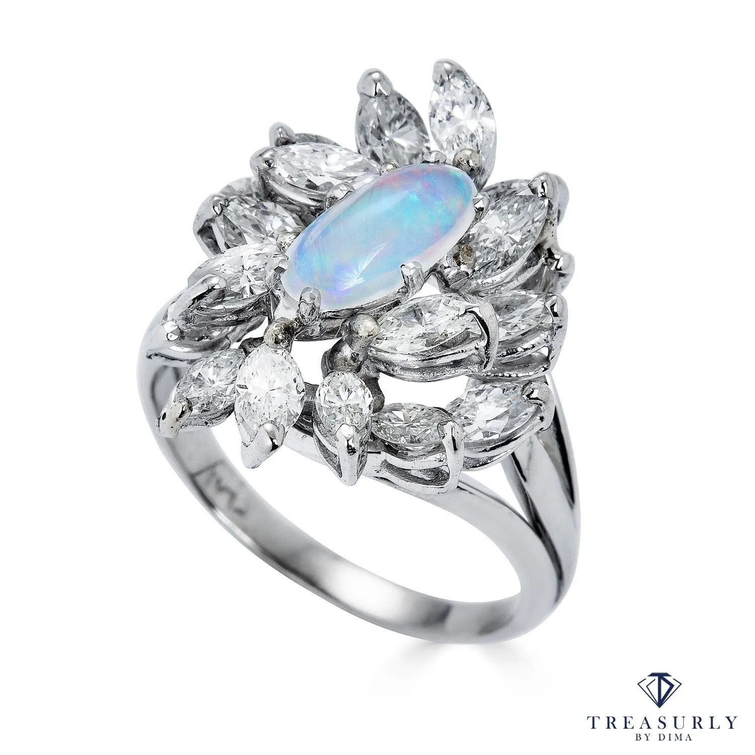 Estate Vintage 3.47ct Australian Opal and Diamond Cluster Cocktail Ballerina Platinum Ring