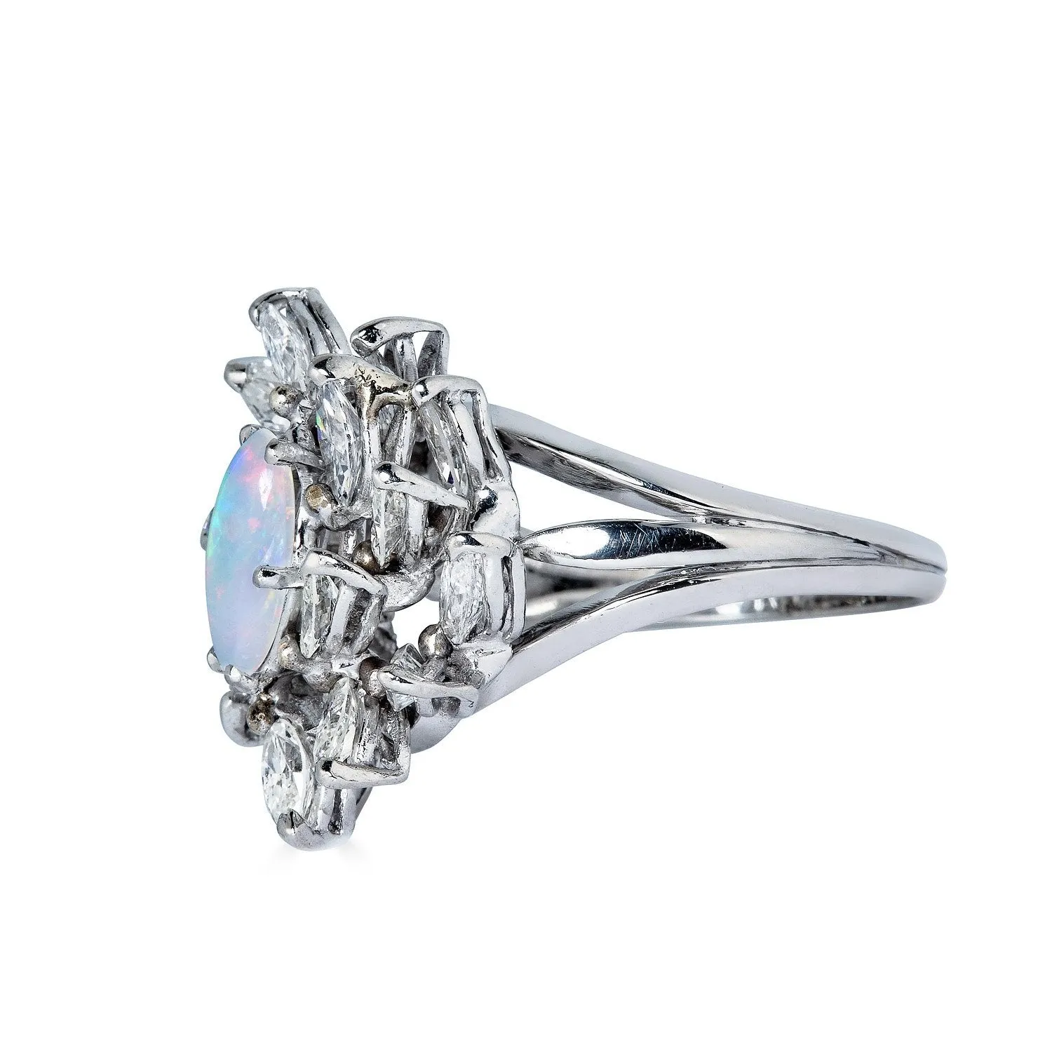 Estate Vintage 3.47ct Australian Opal and Diamond Cluster Cocktail Ballerina Platinum Ring