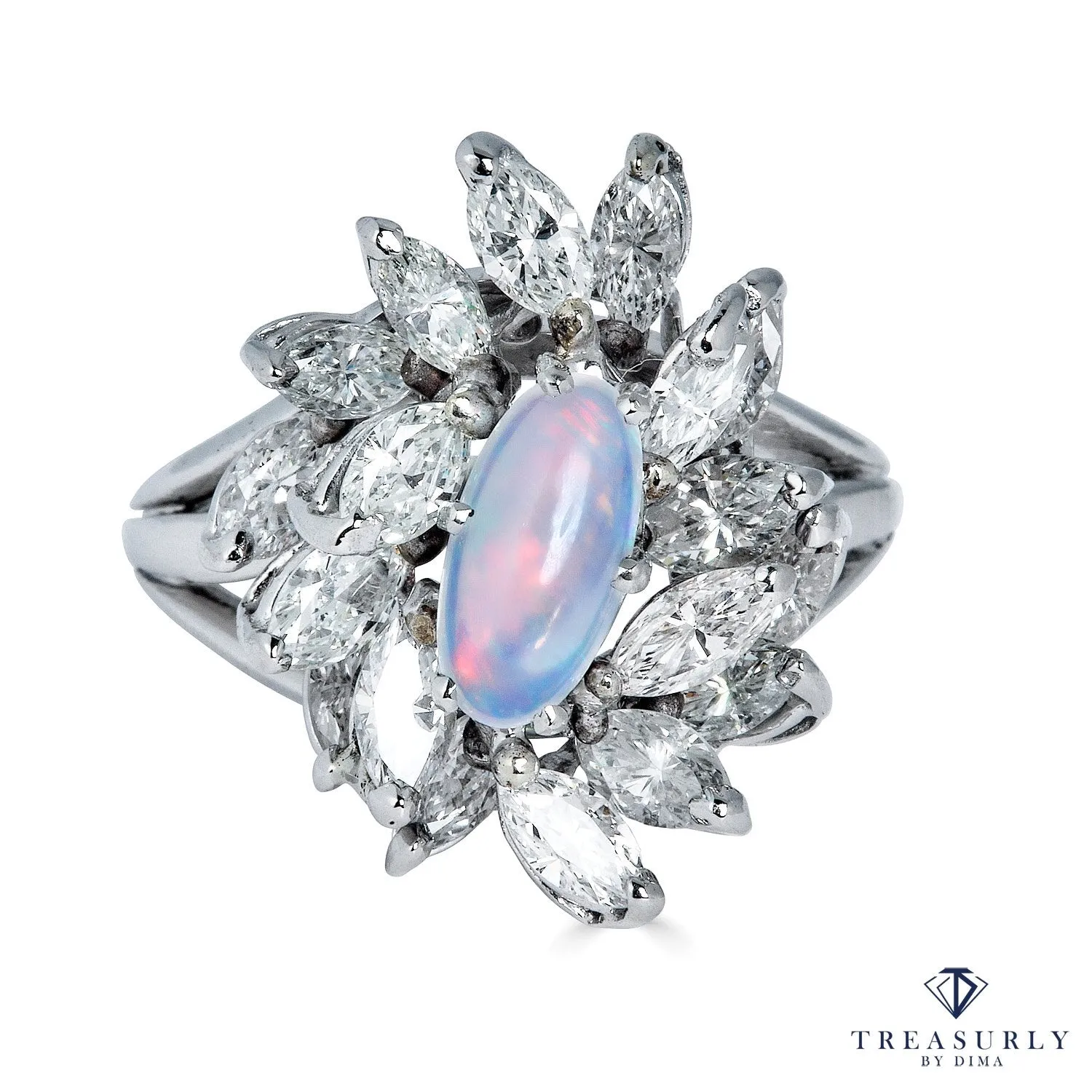 Estate Vintage 3.47ct Australian Opal and Diamond Cluster Cocktail Ballerina Platinum Ring