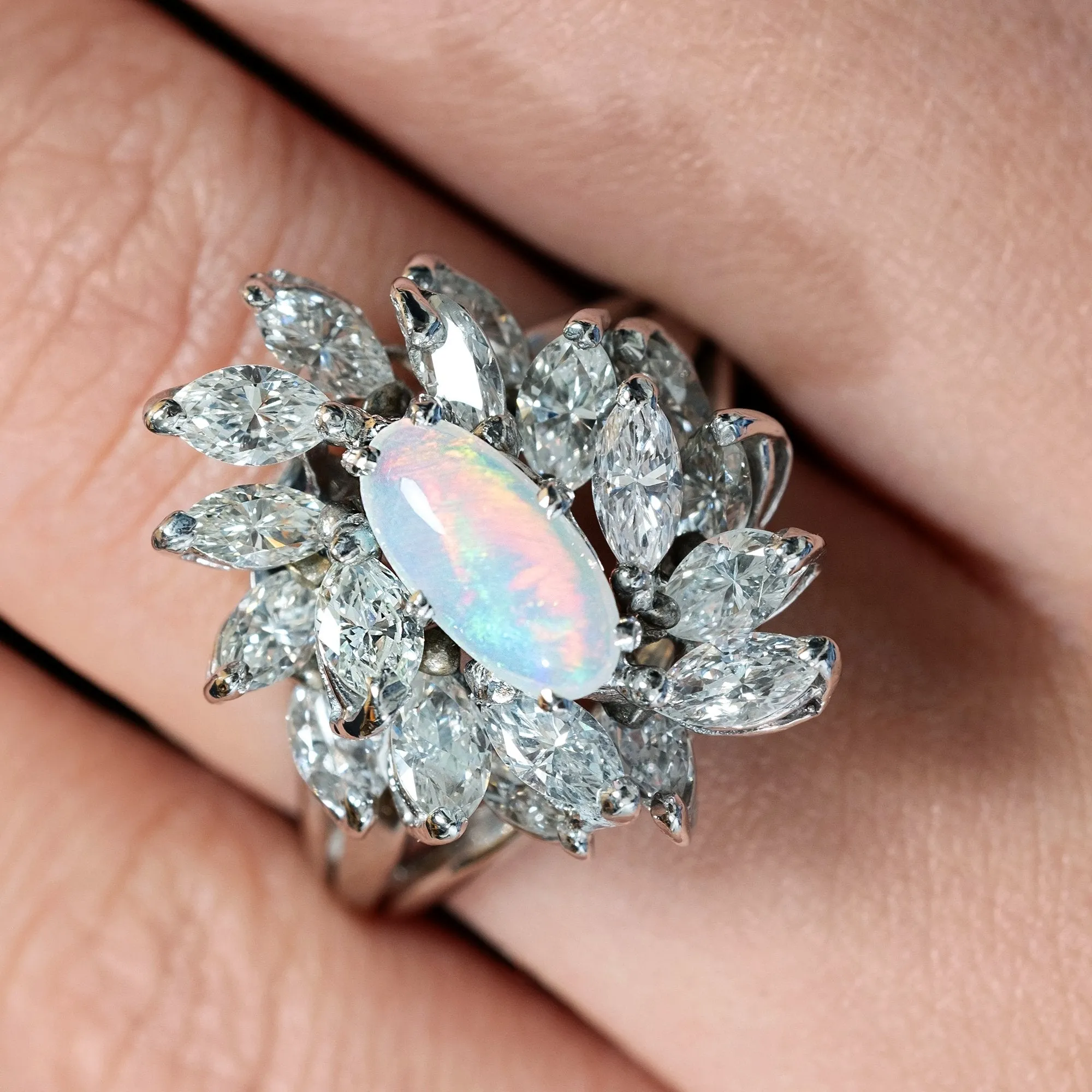 Estate Vintage 3.47ct Australian Opal and Diamond Cluster Cocktail Ballerina Platinum Ring