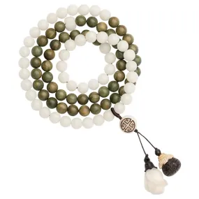 Ethnic Elegance: Double Circle White Jade and Green Sandalwood Retro Sweater Chain