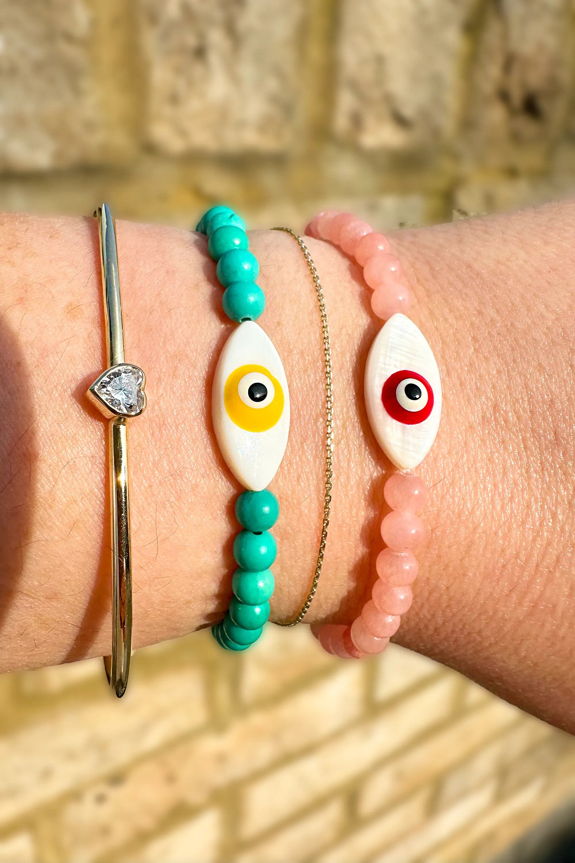 EXPRESS GOOD VIBES EVIL EYE BEADED BRACELET- YELLOW BEADS AND PINK EYE