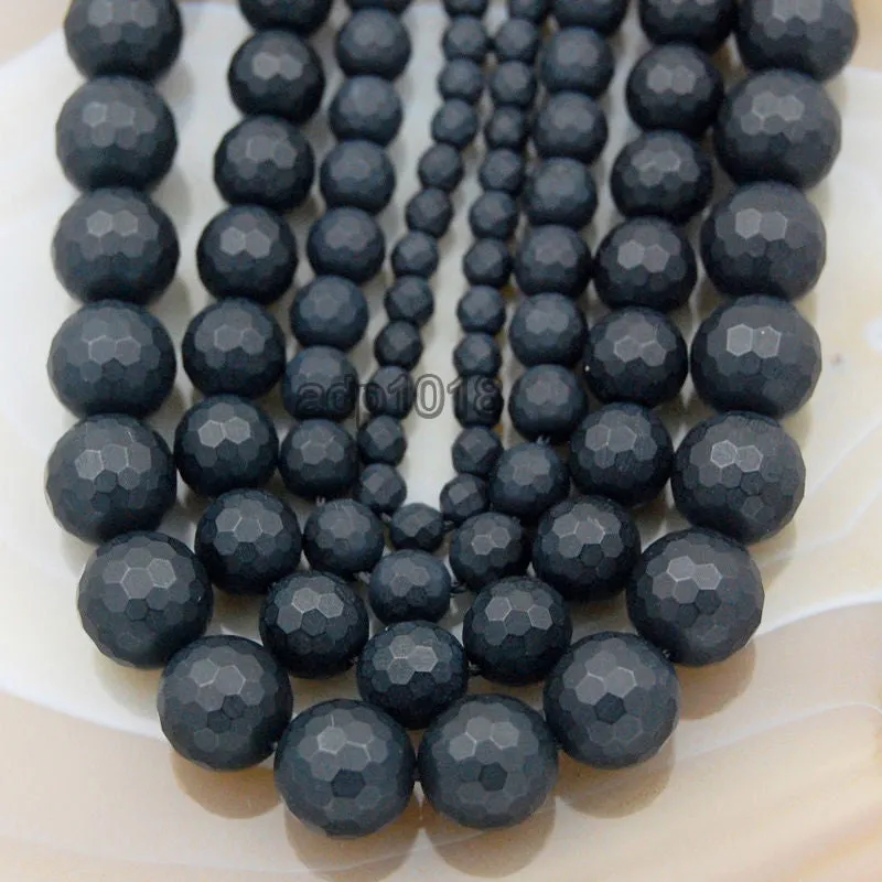 Faceted Matte Natural Black Onyx Gemstone Round Loose Beads on a 15.5" Strand