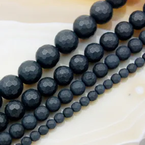 Faceted Matte Natural Black Onyx Gemstone Round Loose Beads on a 15.5" Strand