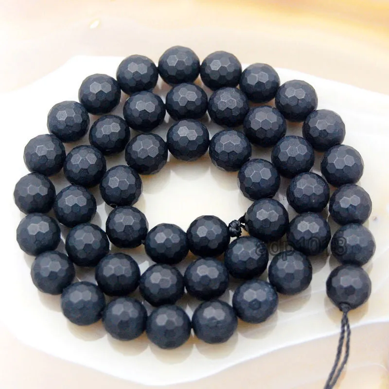 Faceted Matte Natural Black Onyx Gemstone Round Loose Beads on a 15.5" Strand