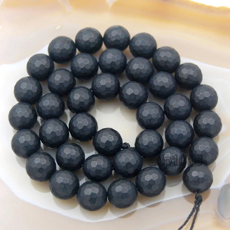 Faceted Matte Natural Black Onyx Gemstone Round Loose Beads on a 15.5" Strand