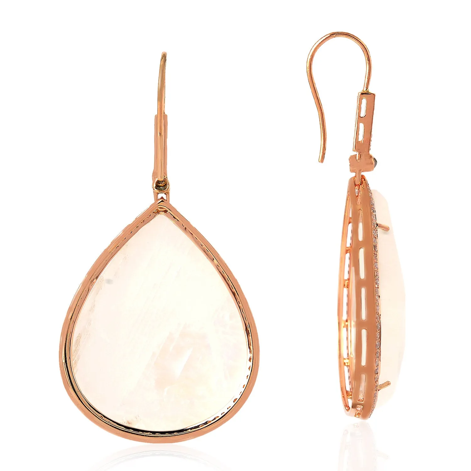 Faceted Moonstone Pave Diamond Fish Ear Hook Danglers in 18k Rose Gold