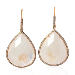 Faceted Moonstone Pave Diamond Fish Ear Hook Danglers in 18k Rose Gold