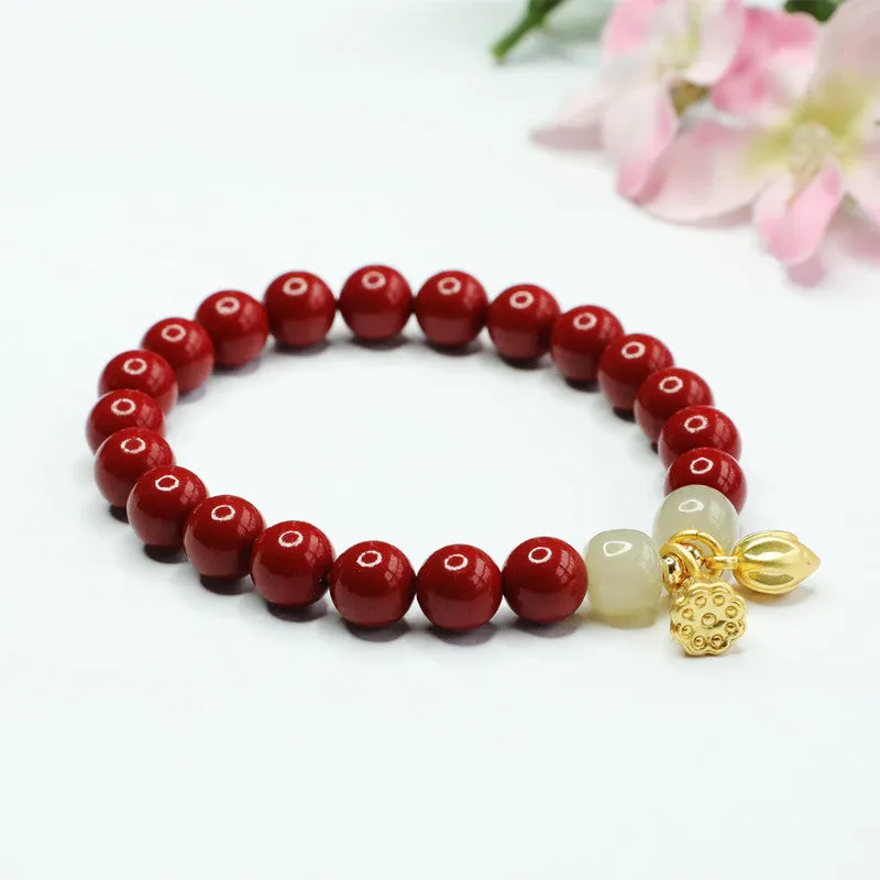 Fortune's Favor Sterling Silver Cinnabar and Hetian Jade Lotus Bracelet