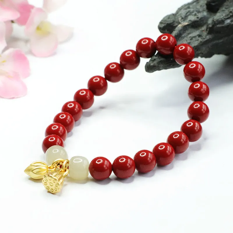 Fortune's Favor Sterling Silver Cinnabar and Hetian Jade Lotus Bracelet