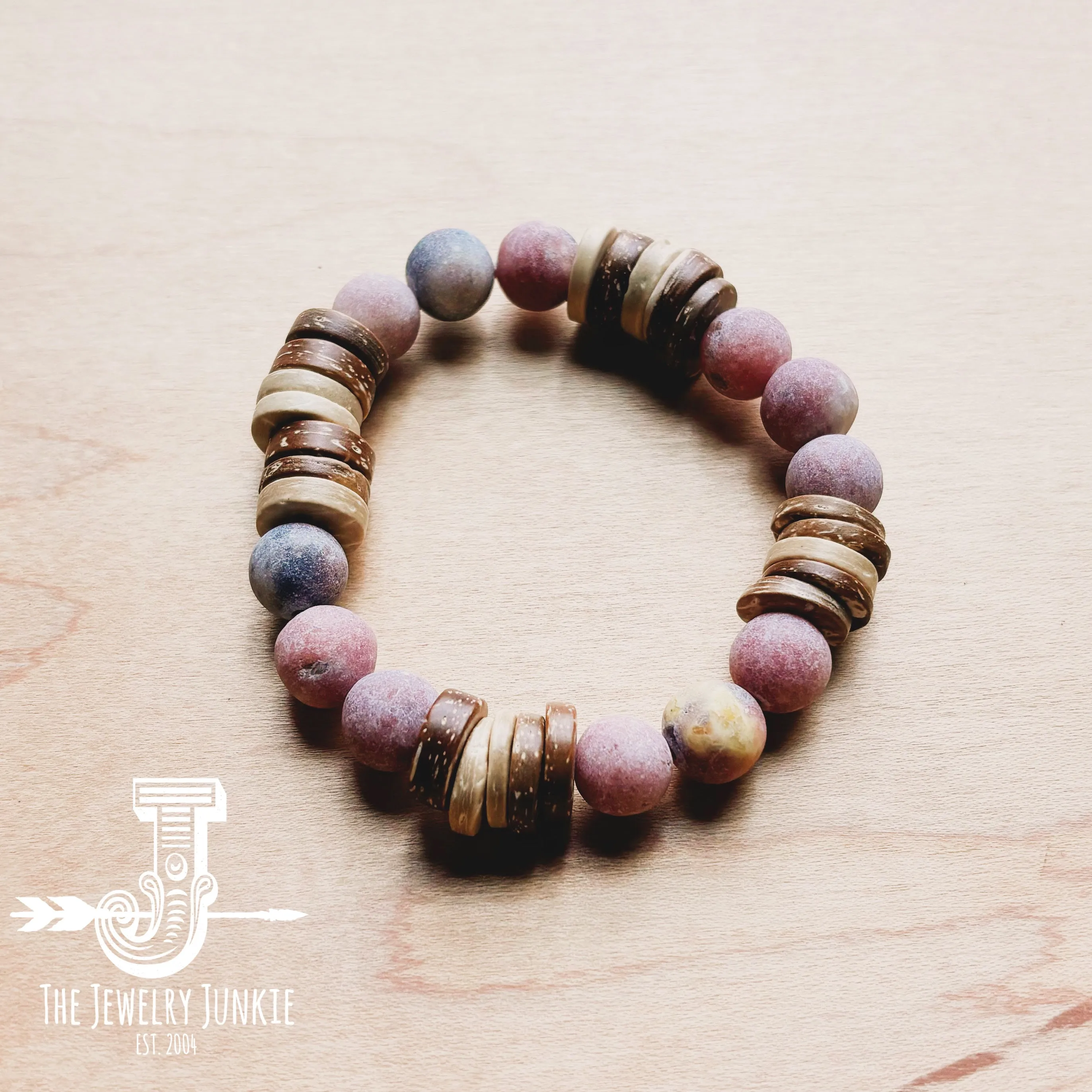 **Frosted Marble Jasper and Wood Stretch Bracelet (808z)