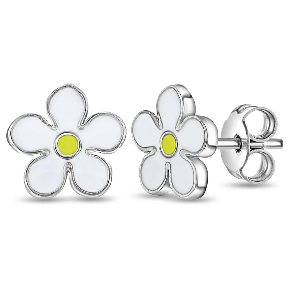 Fun Summer Daisy Kids / Teen Earrings Enamel - Sterling Silver