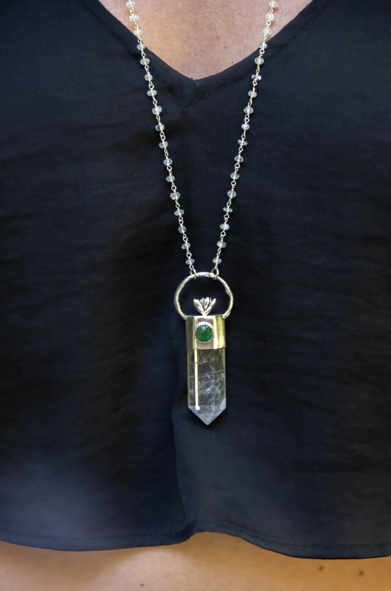 Garden Queen Quartz Point and Turquoise Sterling Silver Long Necklace