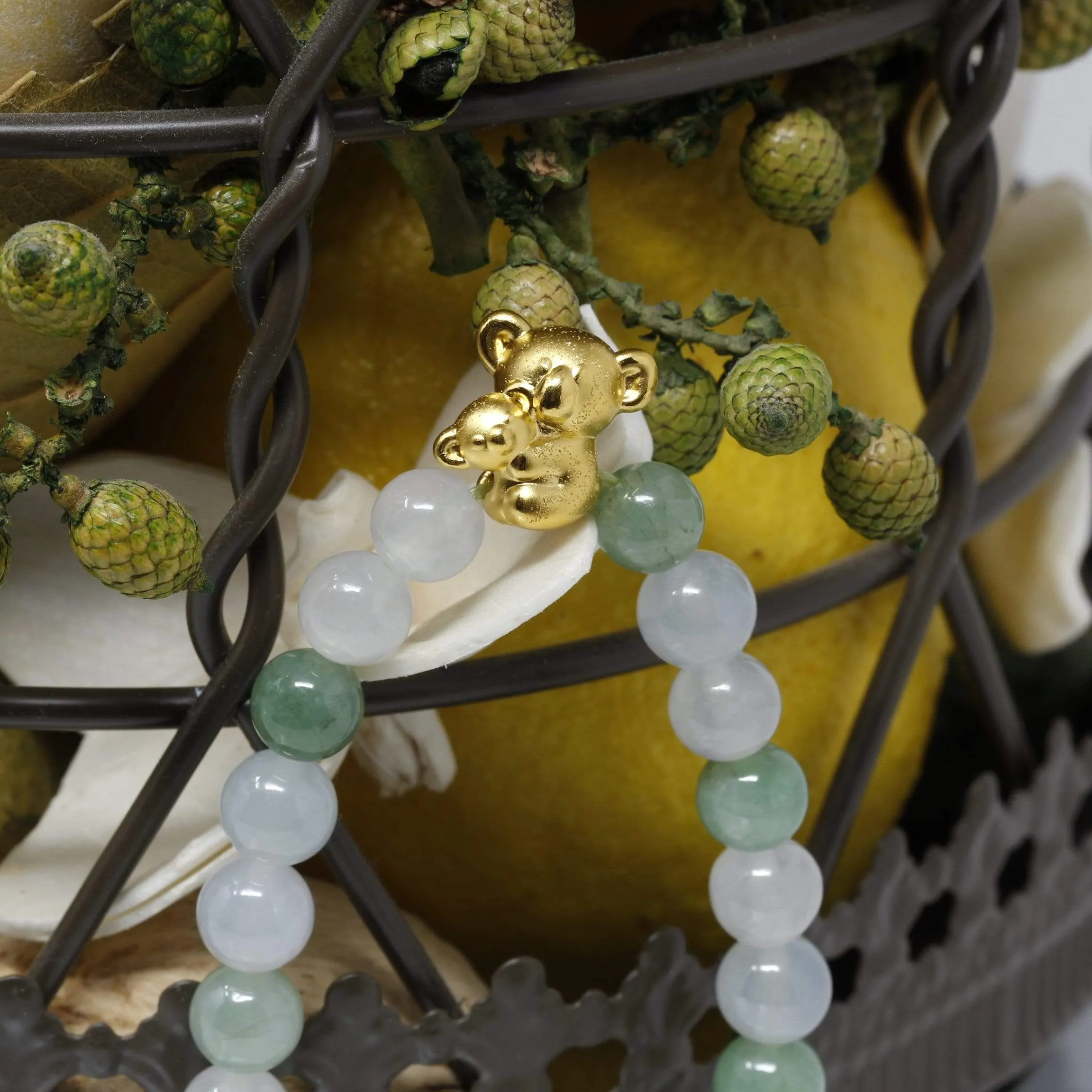 Genuine High-quality Jade Jadeite Bracelet Bangle with 24k Yellow Gold Koala Bear Charm #402