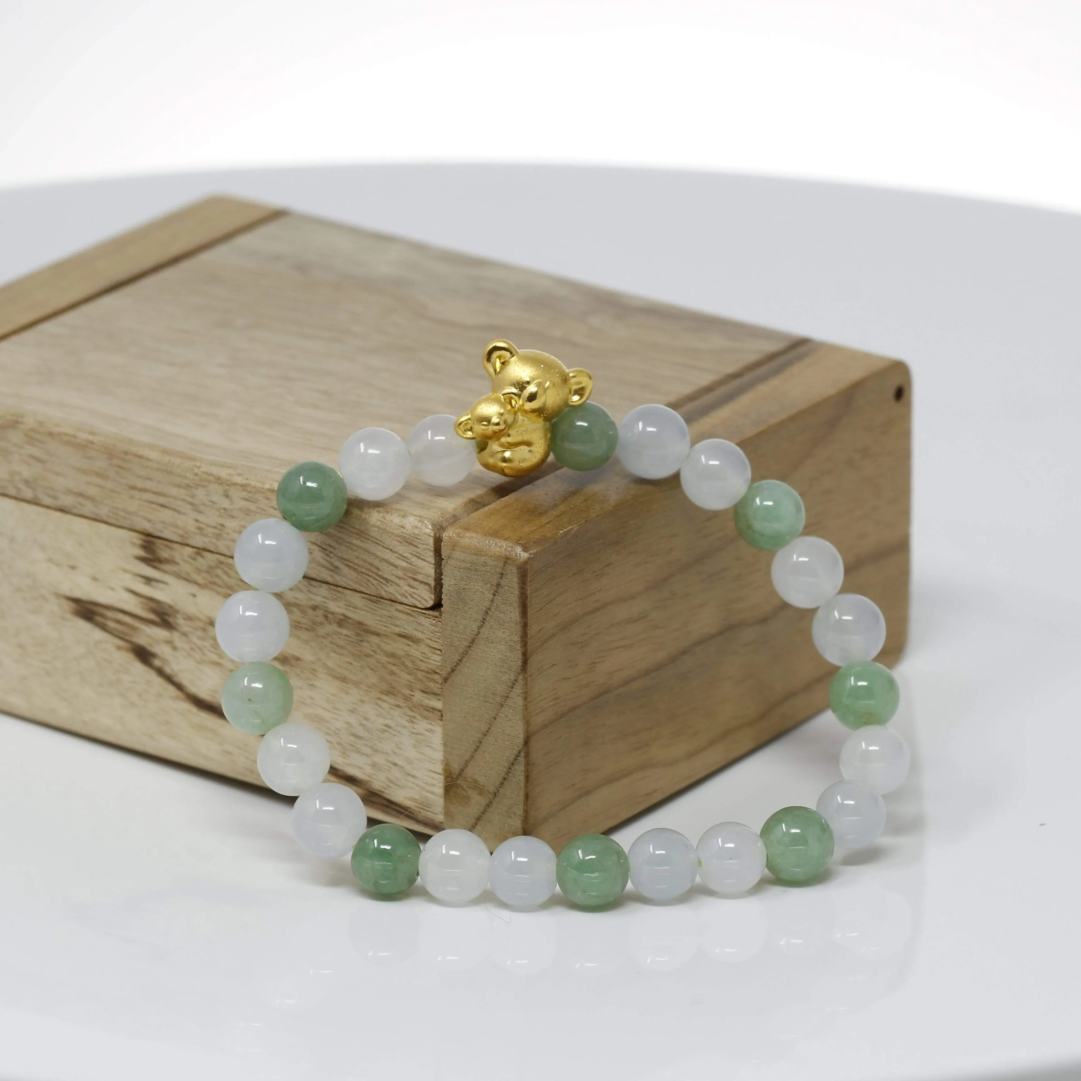 Genuine High-quality Jade Jadeite Bracelet Bangle with 24k Yellow Gold Koala Bear Charm #402